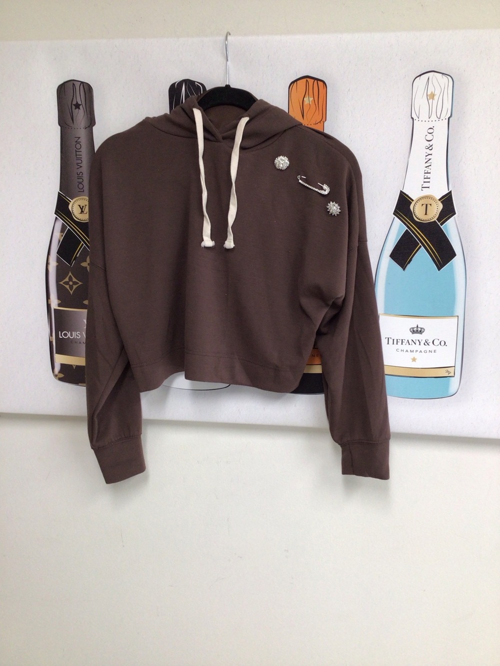 Cropped Brown Hoodie Sweater with Drawstring Rhinestones